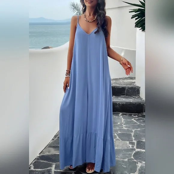 Oversized Pocket Casual Sleeveless V-Neck Low Back Long Summer Maxi Dress Blue - Picture 15 of 16